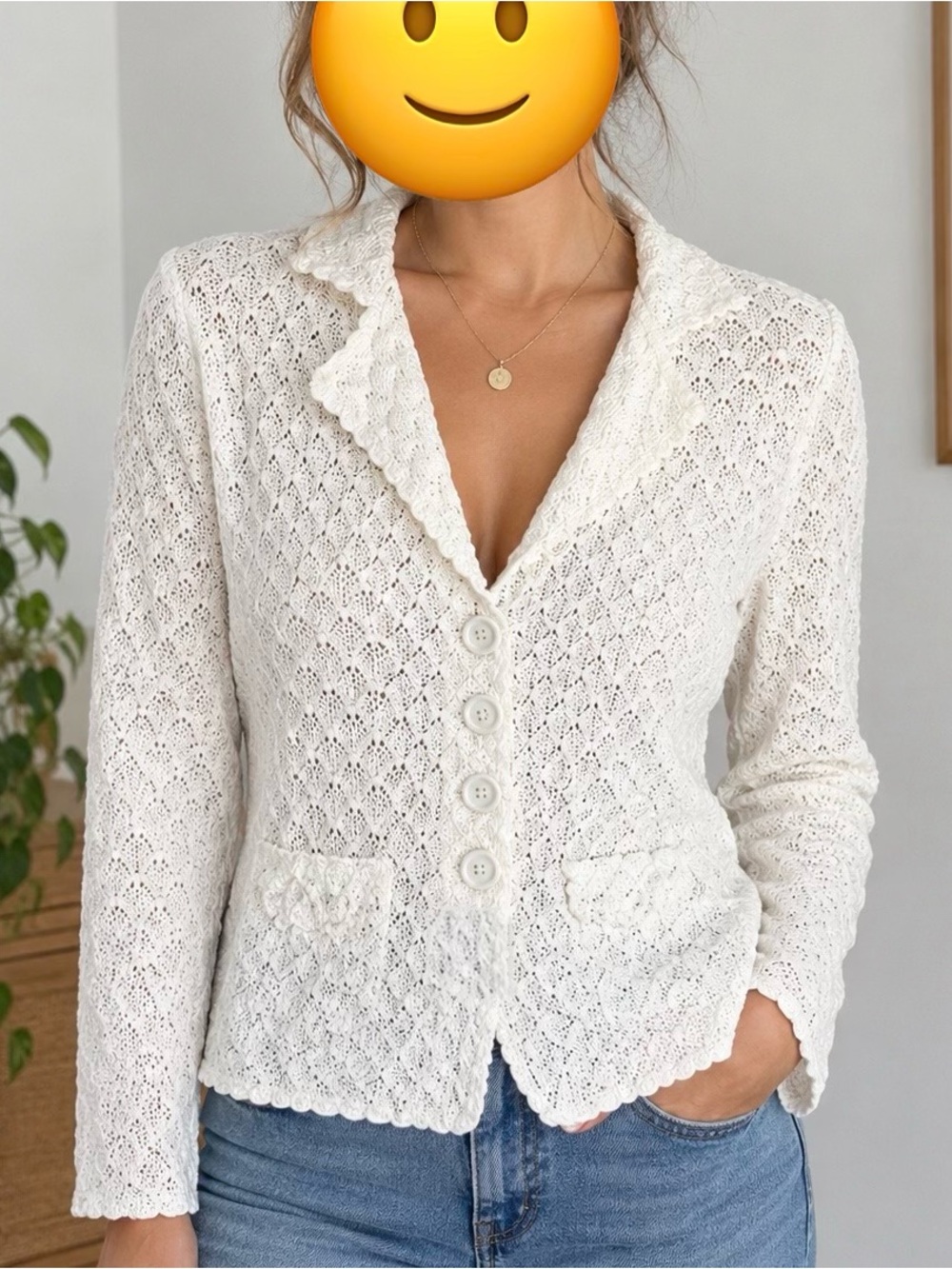 100% Cotton Alice Blue Cream Openwork Knit Button Cardigan